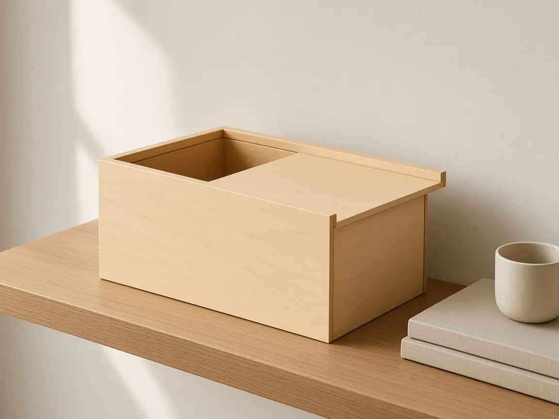 Birkenbox auf einem hellen Regalbrett